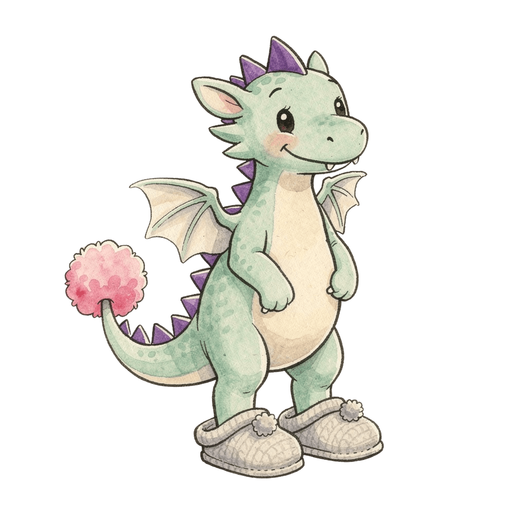 Bubbles, a friendly purple dragon character with green eyes, pink wings, and a spotted belly — an example of an imaginary character a child might create