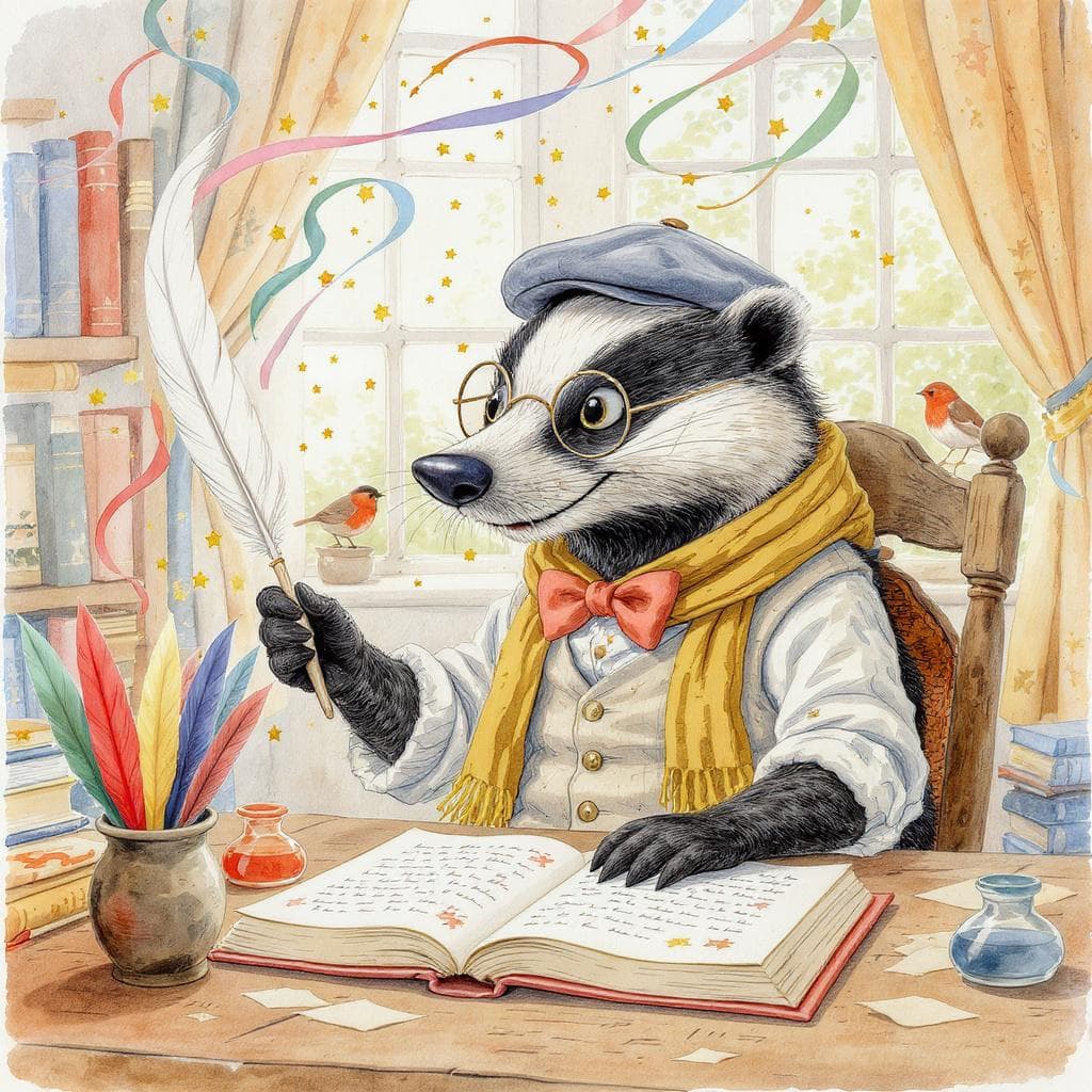 Mr Bramble, a friendly badger storyteller, sitting at his writing desk in a cottage workshop, quill in paw, working on a children's storybook