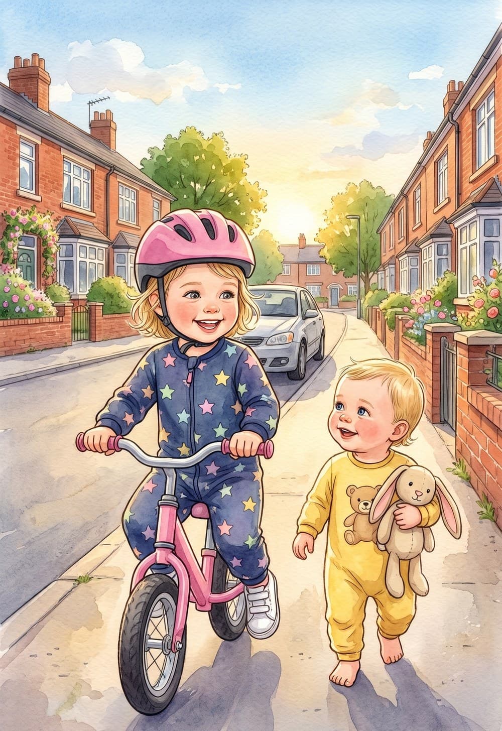 The same scene illustrated today: a small child in a pink helmet rides a pink balance bike down a red-brick terraced street, with a smaller child in a yellow all-in-one walking alongside holding a toy rabbit, painted in warm watercolour.