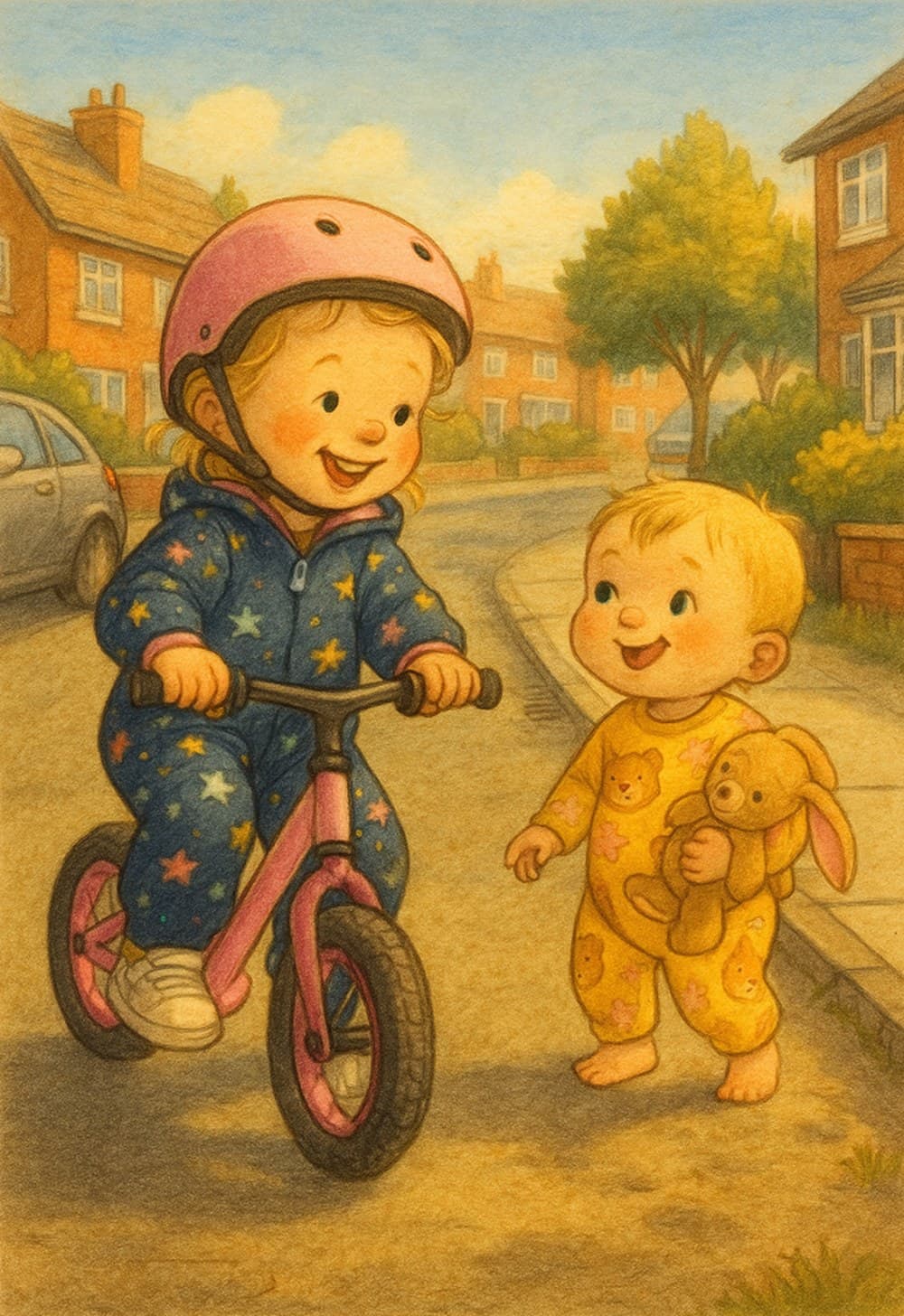 A hand-drawn storybook page: a small child in a pink helmet and star-patterned all-in-one rides a pink balance bike down a suburban street, while a smaller child in a yellow all-in-one walks alongside carrying a toy rabbit.