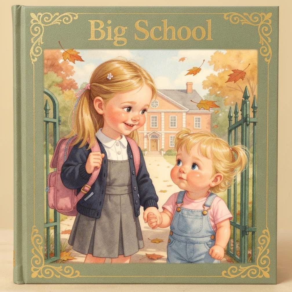 Big School storybook showing two sisters at the school gates