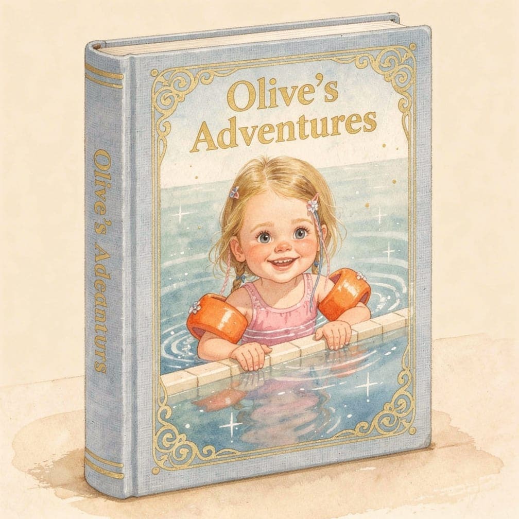 Olive's Adventures storybook showing a child swimming in a pool