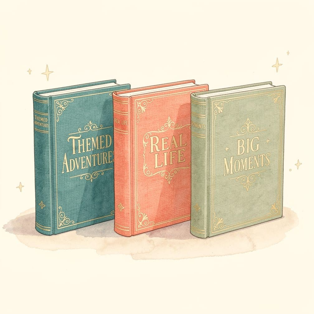 Three labelled hardcover storybooks representing themed adventures, real life moments, and big moments