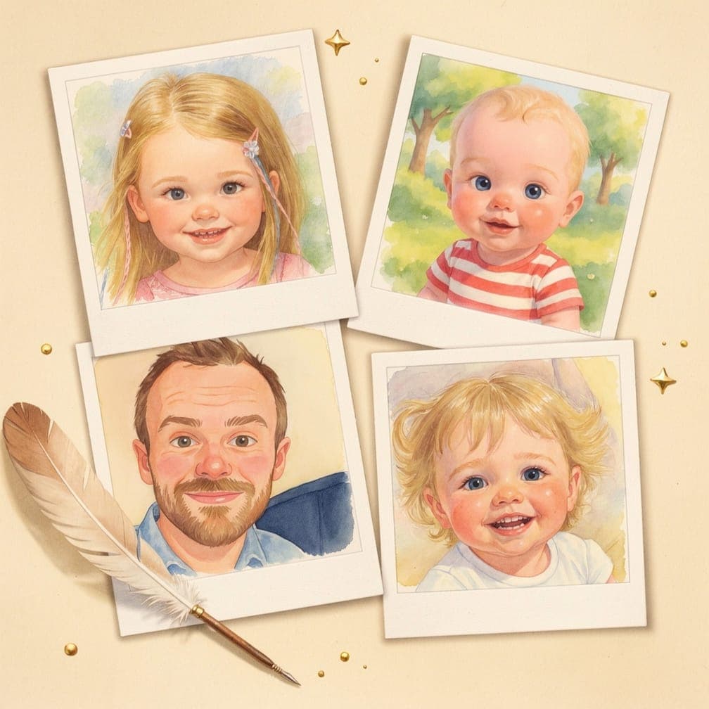 Four polaroid cards showing watercolour storybook character portraits of a family