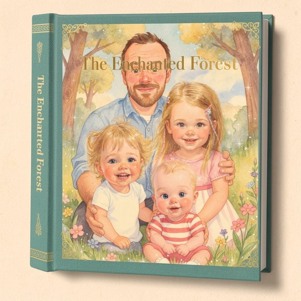 A beautifully bound personalised hardcover children's storybook with the family illustrated on the cover