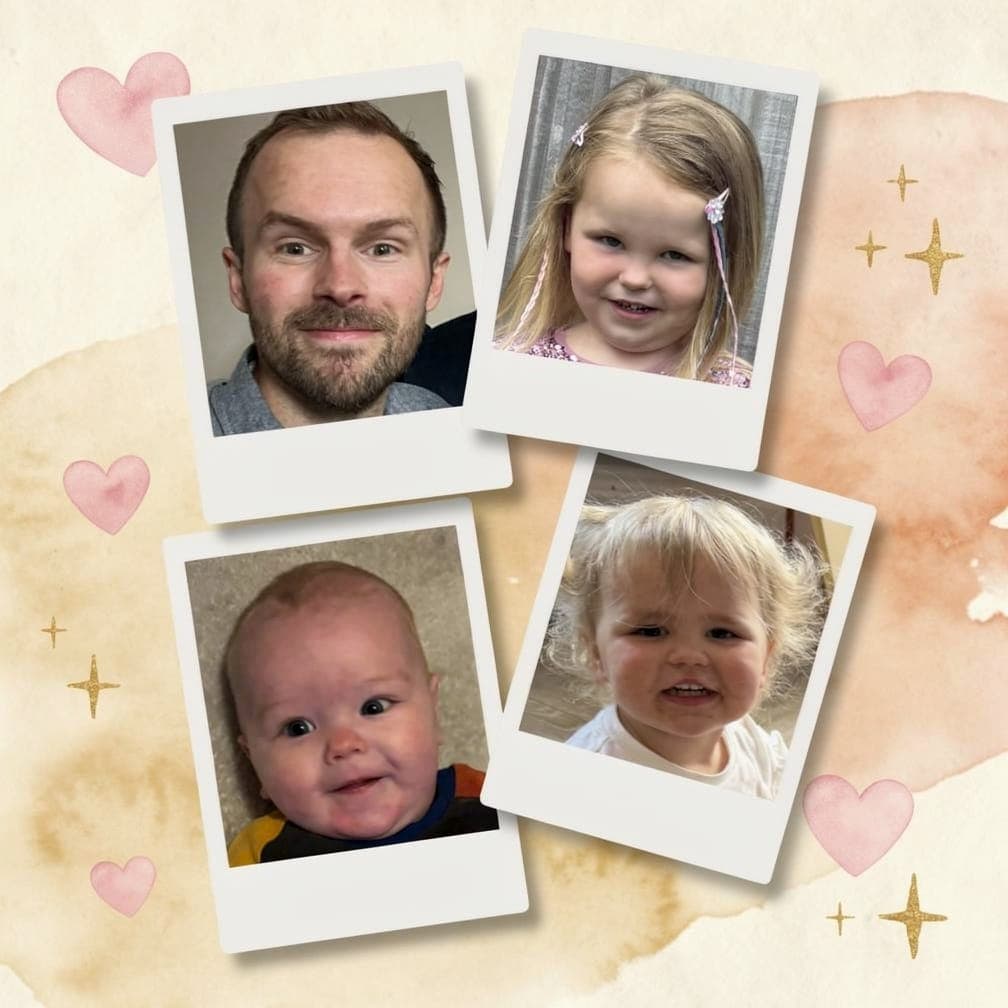 Four polaroid photographs of a family laid out on a soft cream surface, ready to be turned into storybook characters