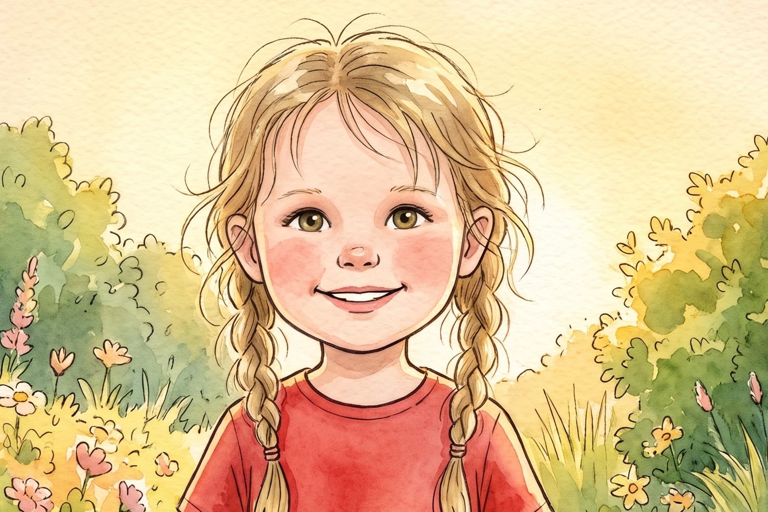 A young girl illustrated in soft watercolour, standing in a garden — the classic storybook look.