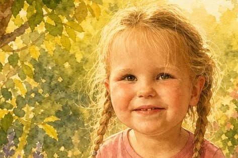 The same girl in a finely detailed painted illustration with soft brushwork.