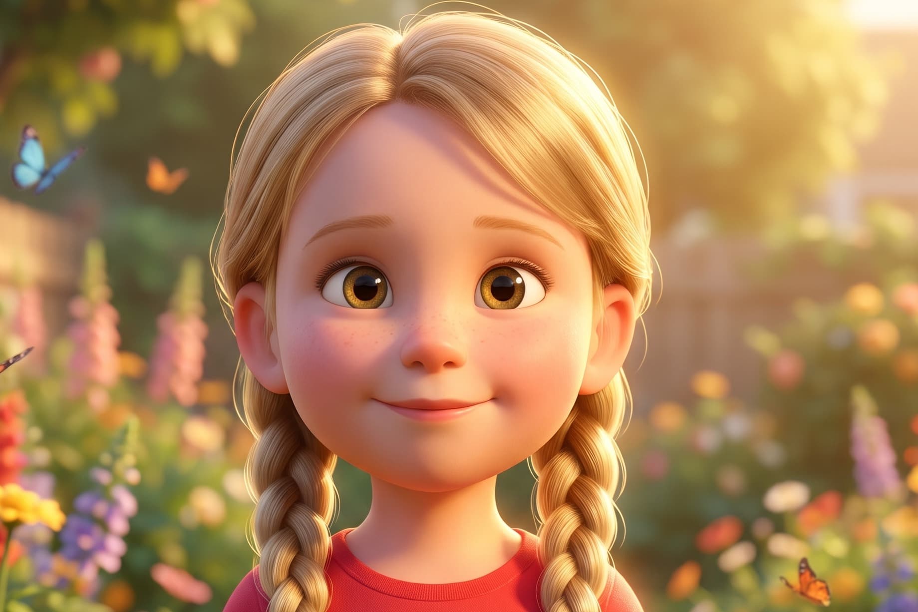 The same girl illustrated in a bright, rounded 3D animation style.