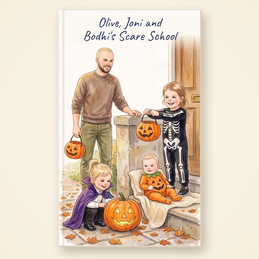 A personalised hardcover children's storybook with a family illustrated on the cover
