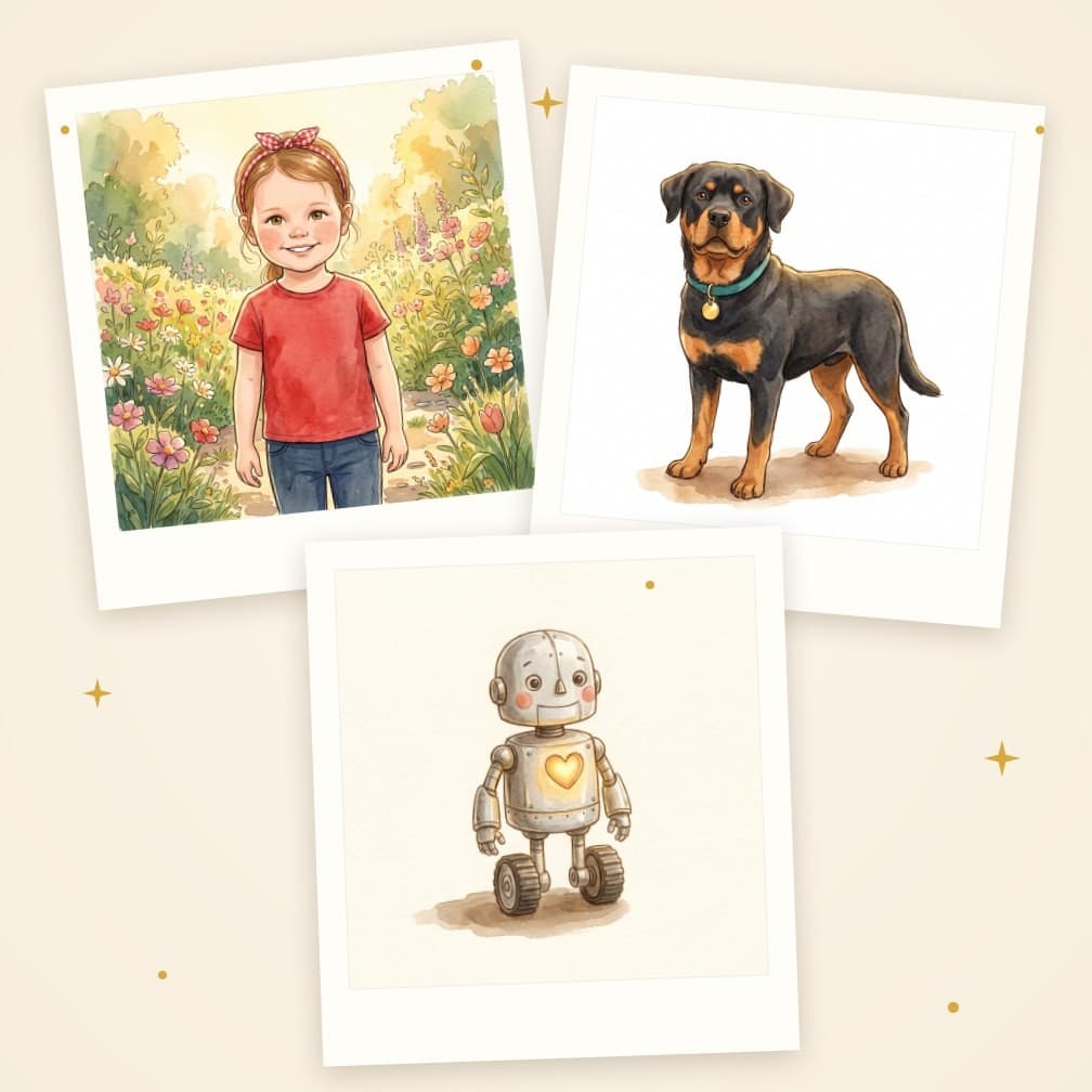Three polaroid cards of watercolour storybook characters: a little girl, a dog and an imaginary friend