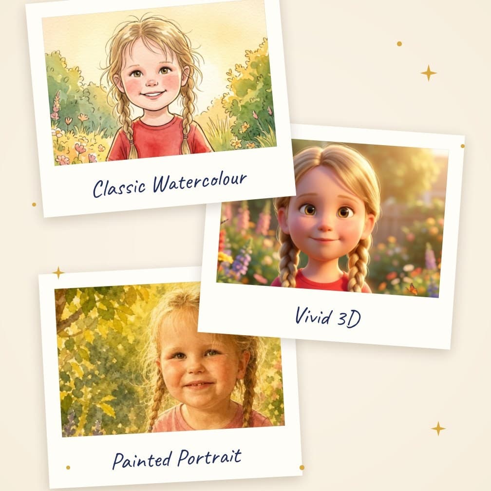 The same little girl painted in each of our three illustration styles: Classic Watercolour, Vivid 3D and Painted Portrait