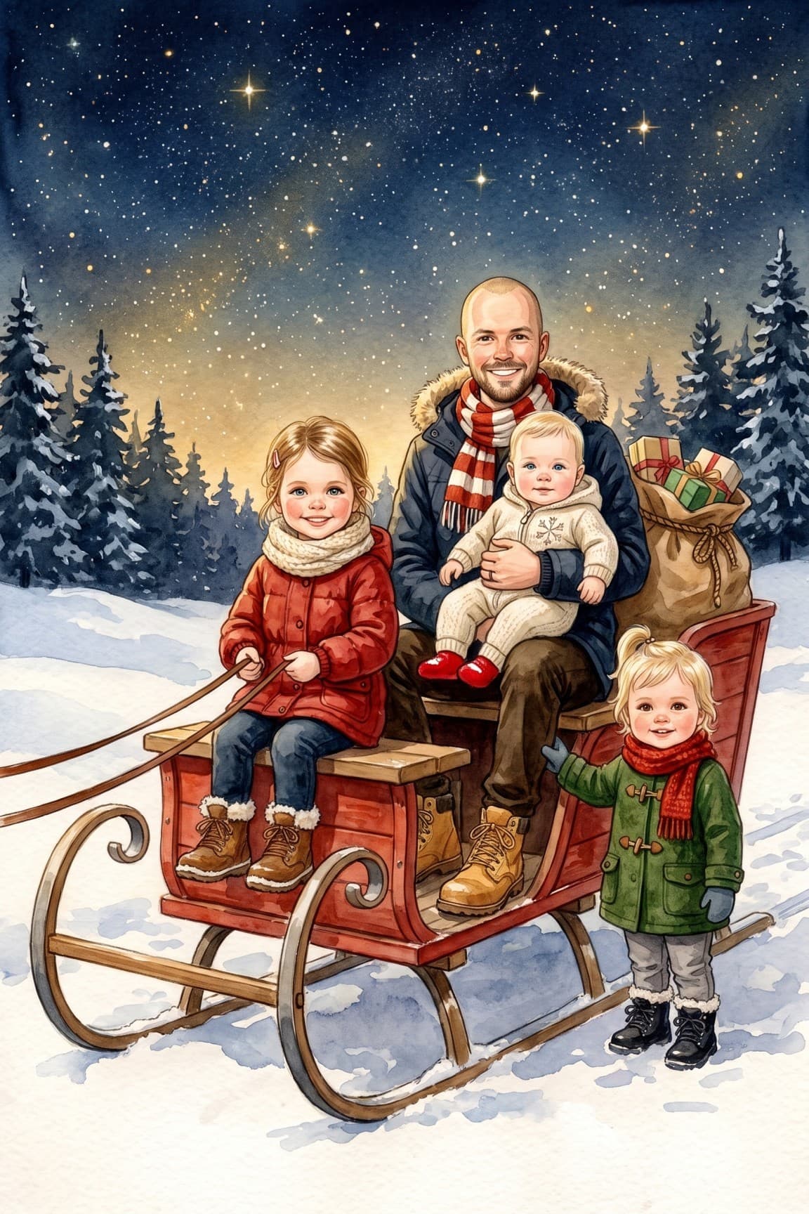 The cover of a personalised MyLittleStories book, illustrated in classic watercolour: a dad and three children in a red sleigh on a snowy, starlit night