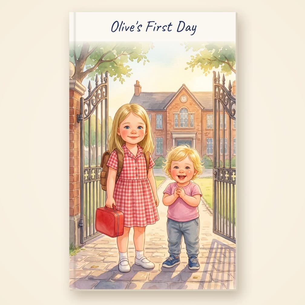 A personalised Big Moments storybook for a first day at school: two sisters smiling at the open school gates