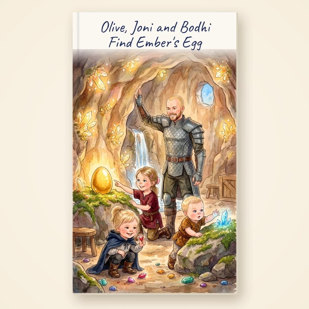 A personalised hardcover storybook for a dragon adventure: a dad in armour and three children finding a glowing golden egg in a crystal cave