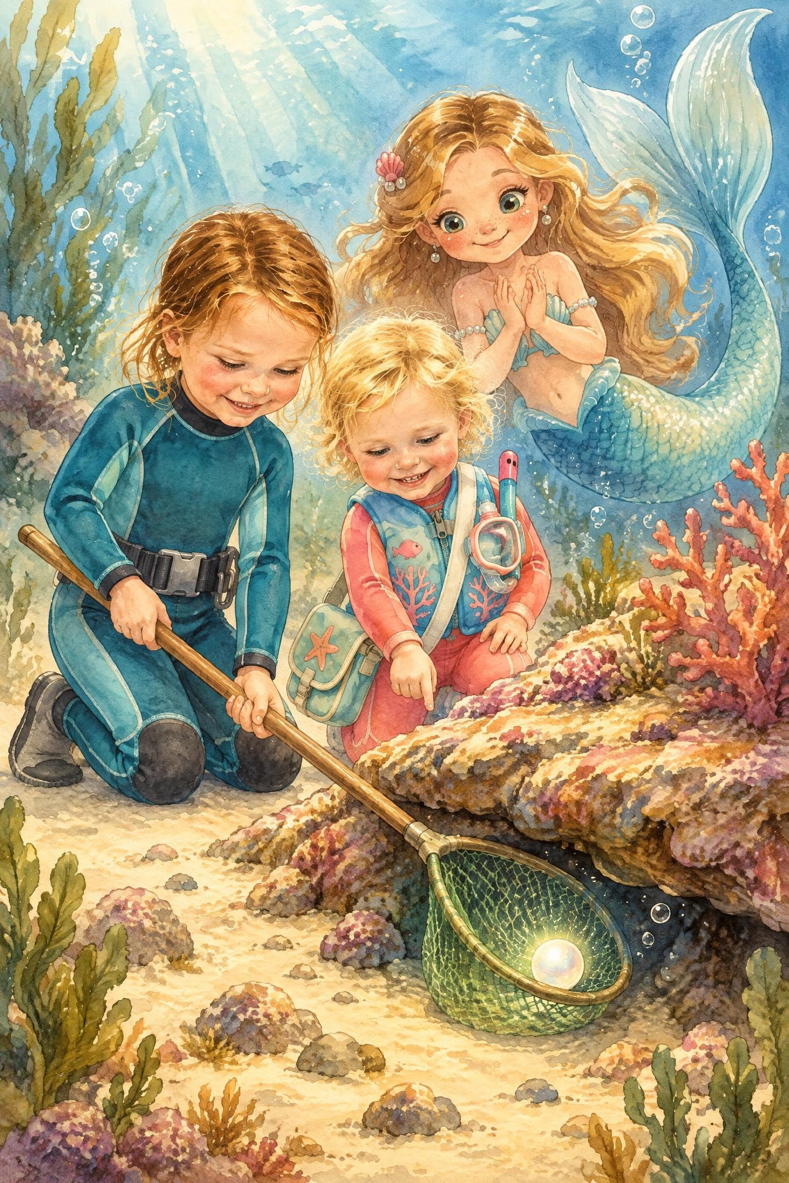 A painted storybook page: a girl sliding a net under a rock ledge to scoop out a glowing pearl, her little sister and a mermaid watching