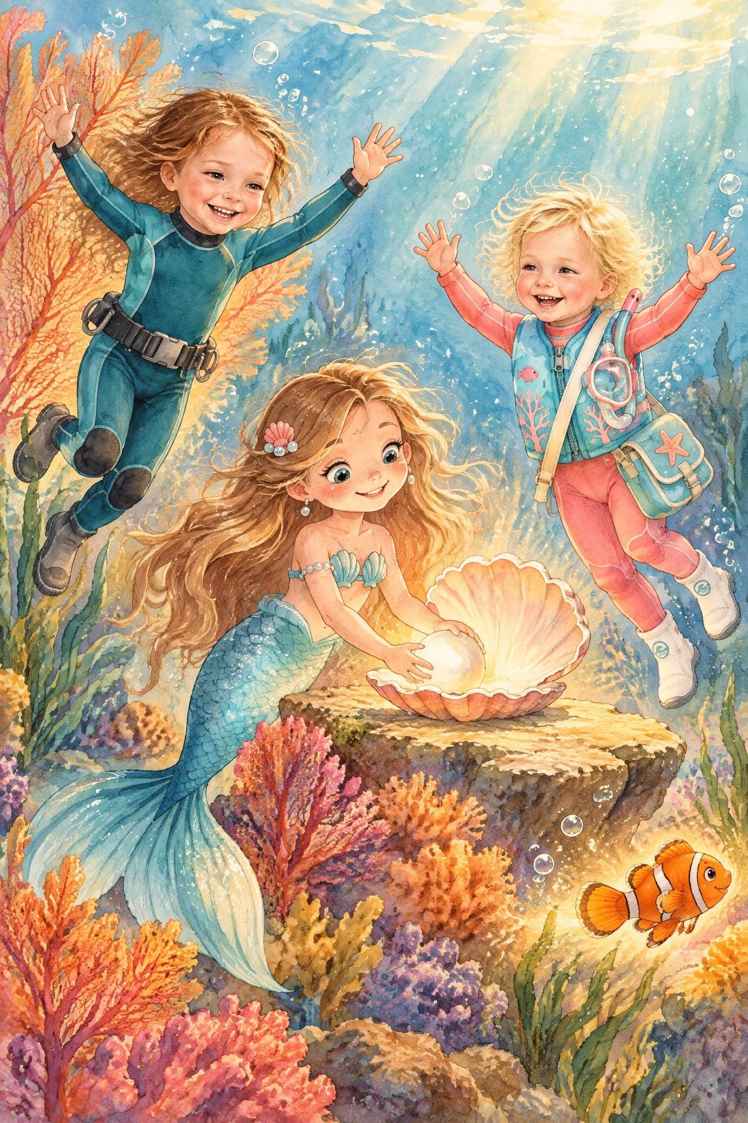 A painted storybook page: two girls with their arms up as a mermaid places a pearl in a shell and the reef lights up