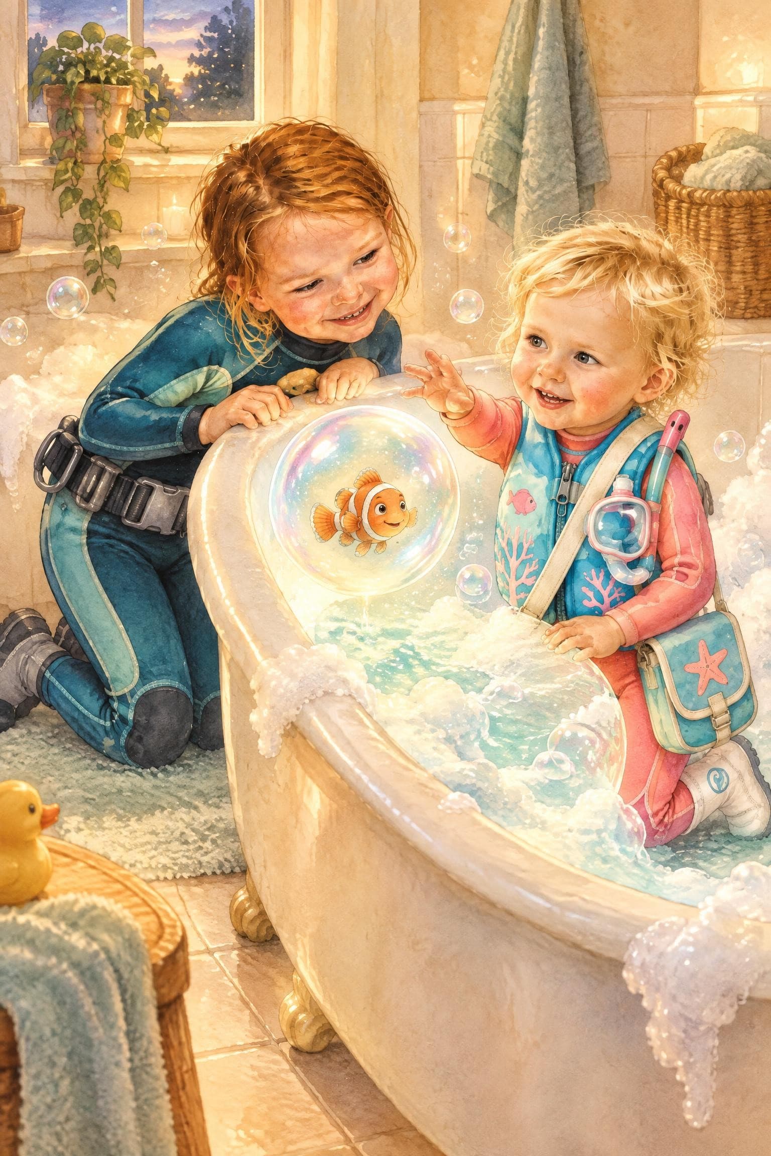 A painted storybook page: two girls leaning over a glowing bath where a little orange fish swims inside a bubble
