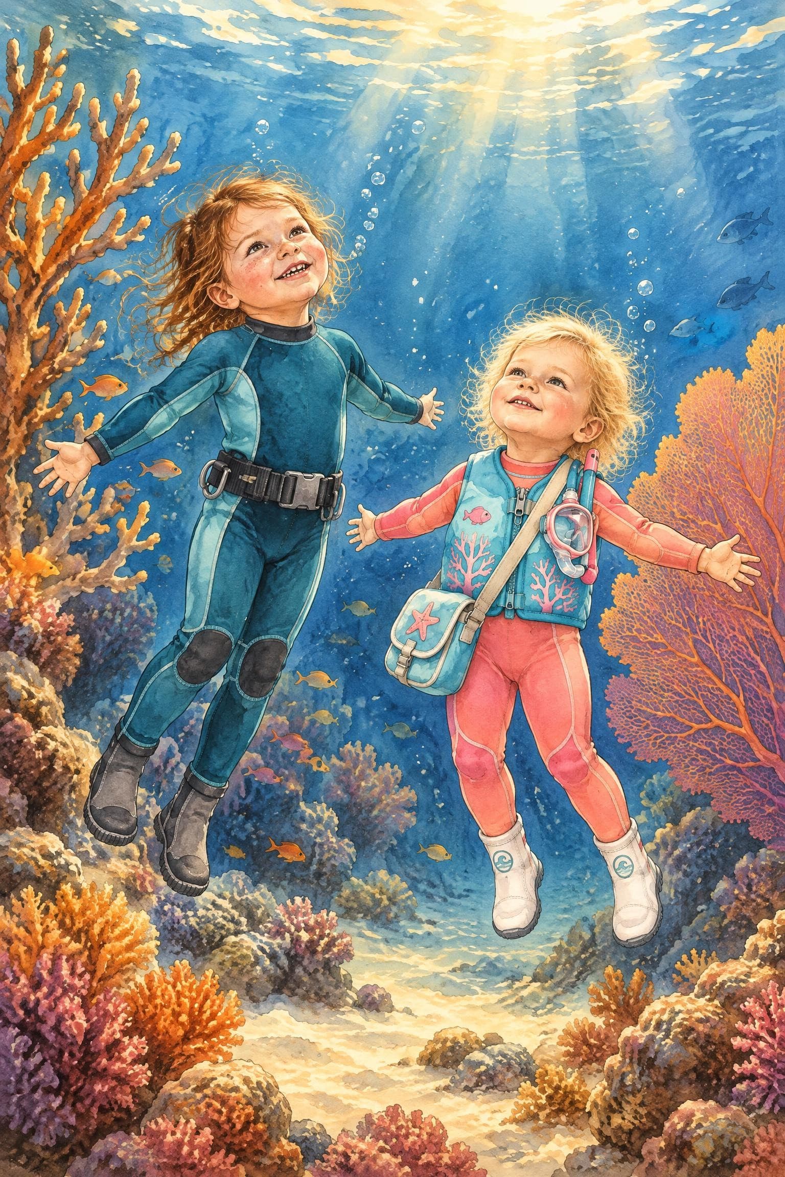A painted storybook page: two girls floating underwater beside a coral reef, arms out, looking up