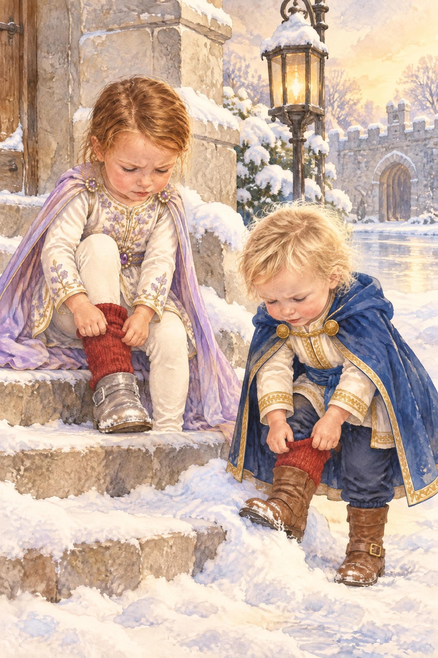 A painted storybook page: two girls on a snowy step pulling red woolly socks over their boots