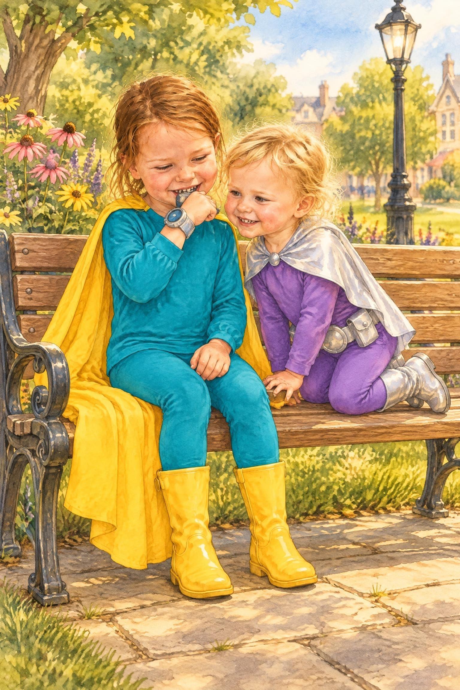 A painted storybook page: two girls in capes on a park bench, one speaking into a wrist communicator