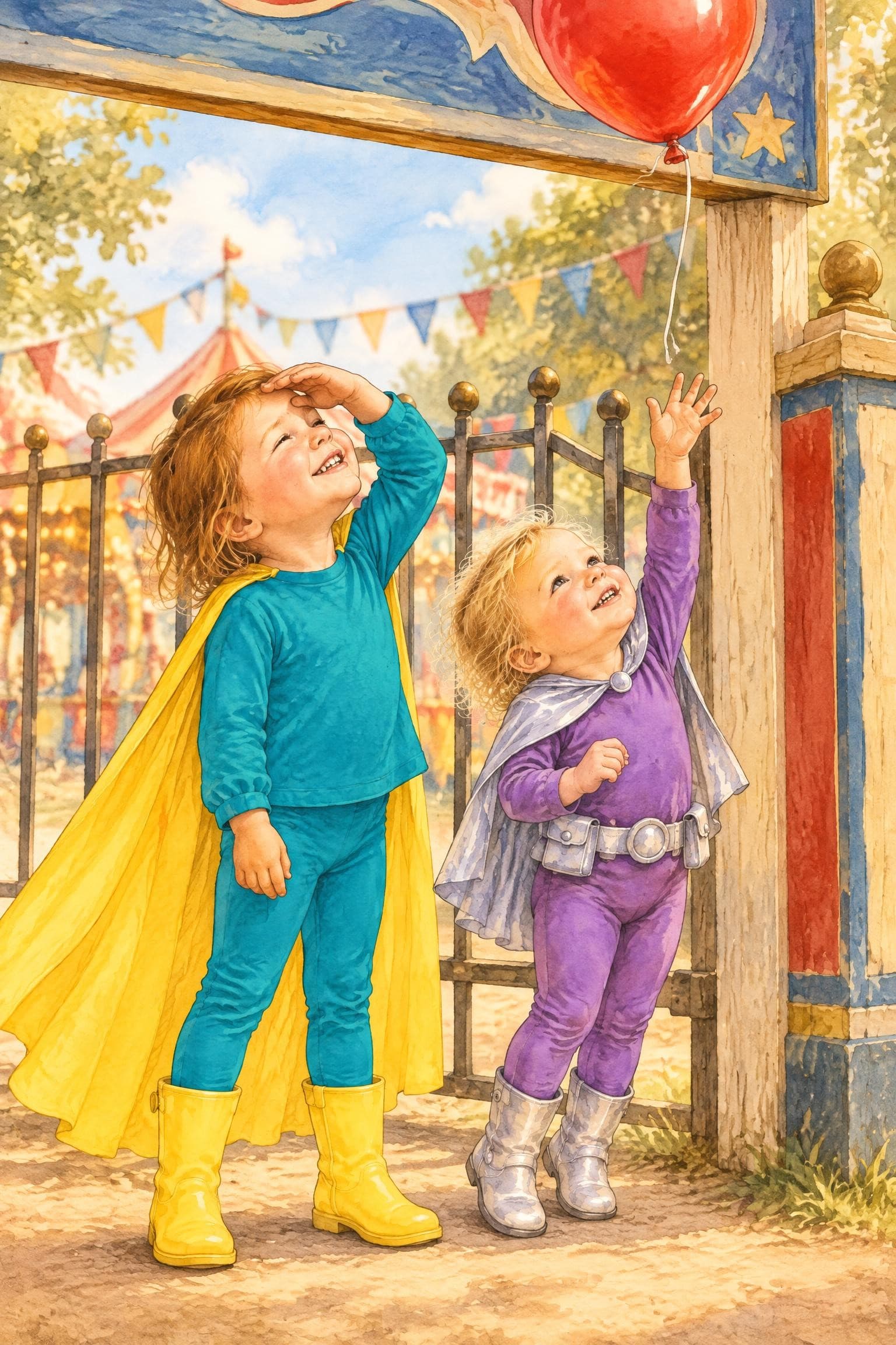A painted storybook page: two girls in capes at a fairground gate, looking up at a balloon string far out of reach