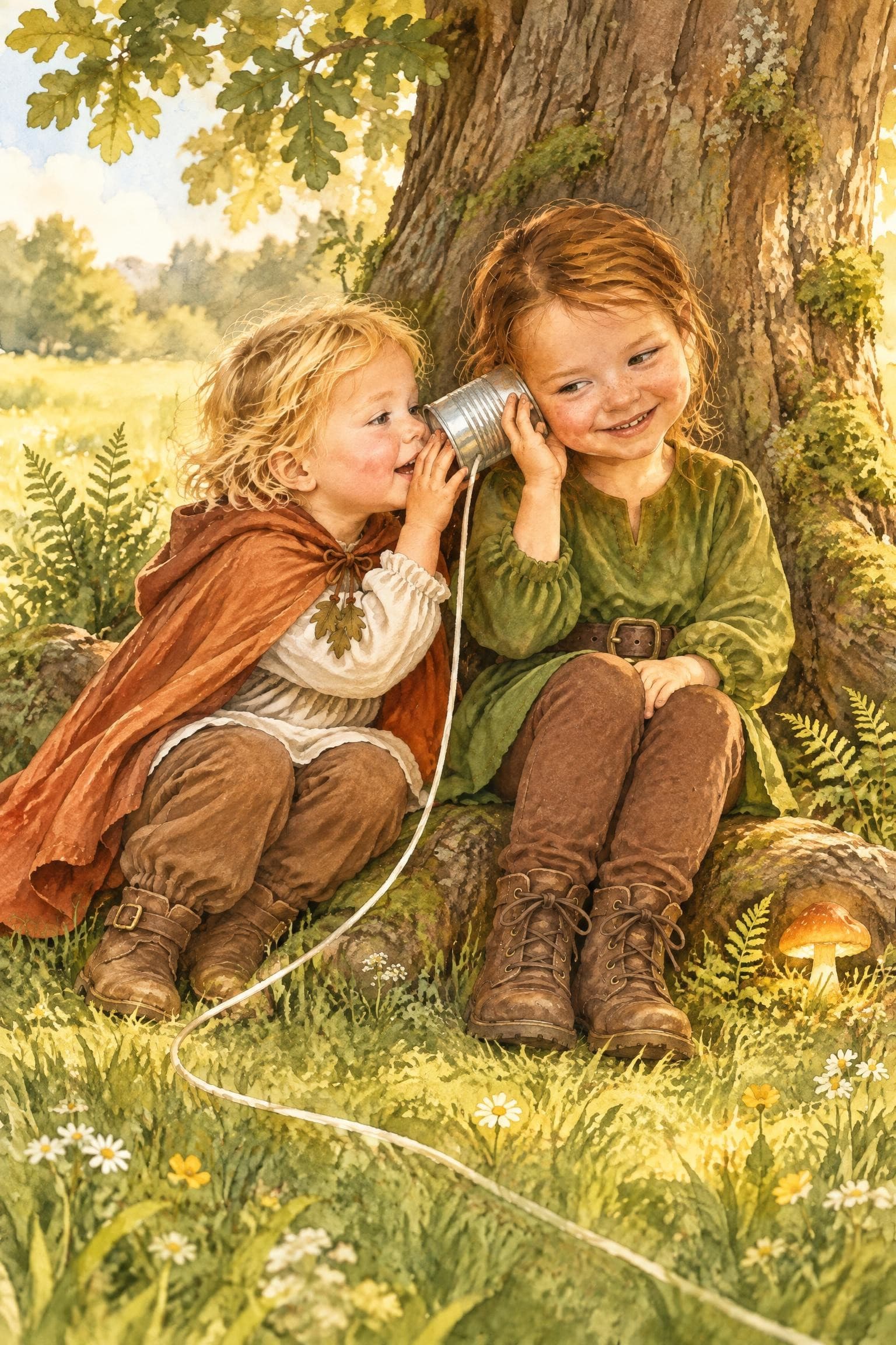 A painted storybook page: two girls resting against a tree, one holding a tin can to her ear