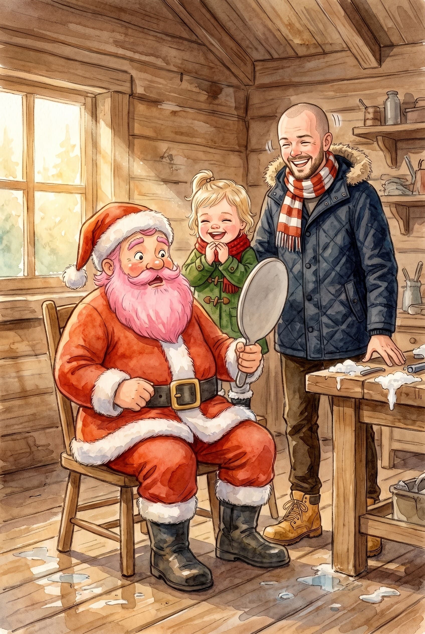 A watercolour storybook page: Santa in a wooden chair holding a mirror, his beard bright pink, a little girl giggling beside him and her dad behind