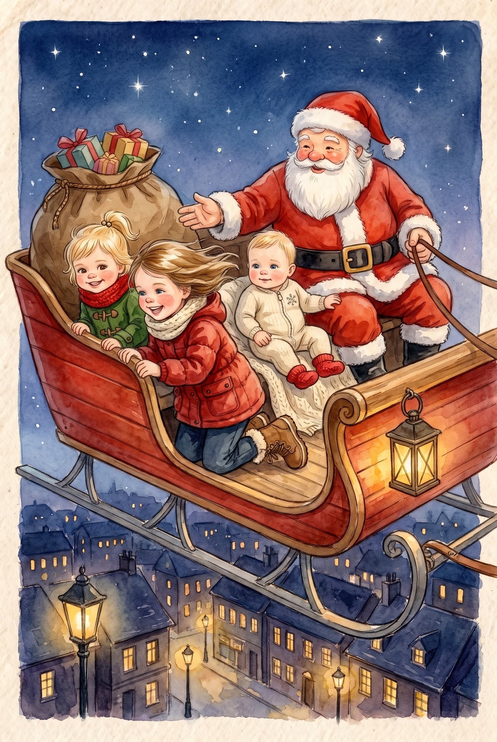 A watercolour storybook page: Santa and three children in a red sleigh flying high above a snowy town at night