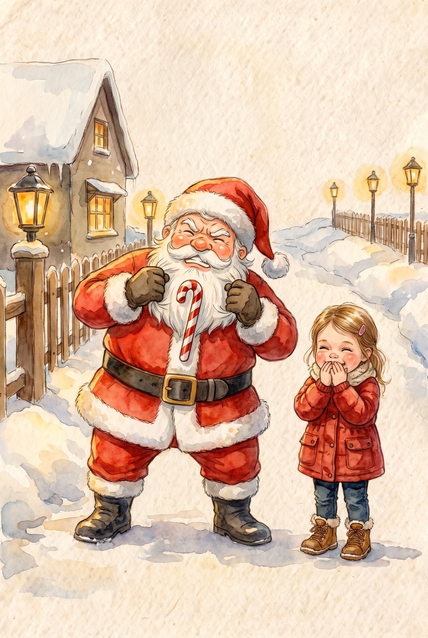 A watercolour storybook page: Santa in the snow with a candy cane stuck in his beard, and a girl laughing beside him