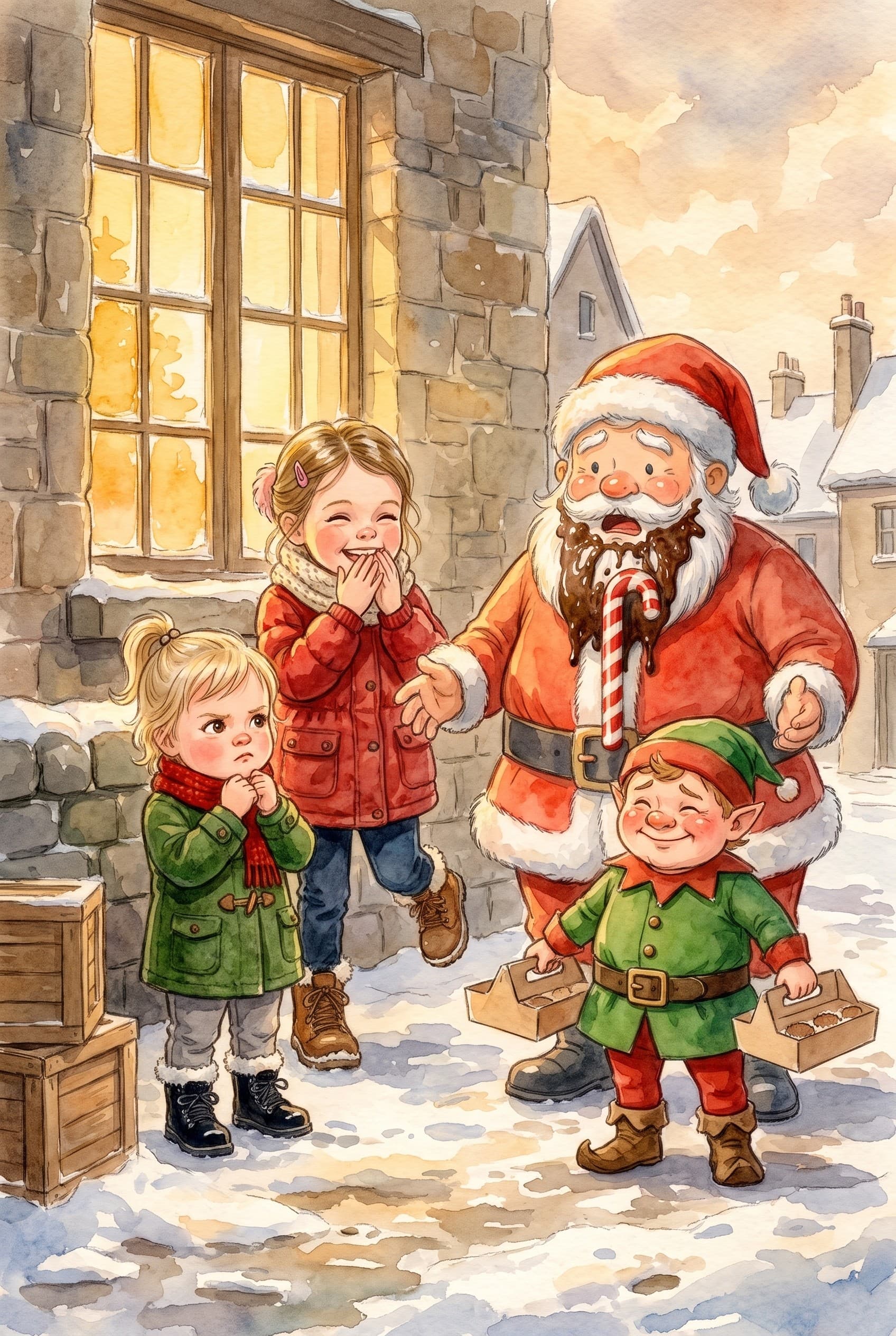 A watercolour storybook page: chocolate icing all down Santa's beard after an elf drops a tower of cupcake boxes, two sisters watching