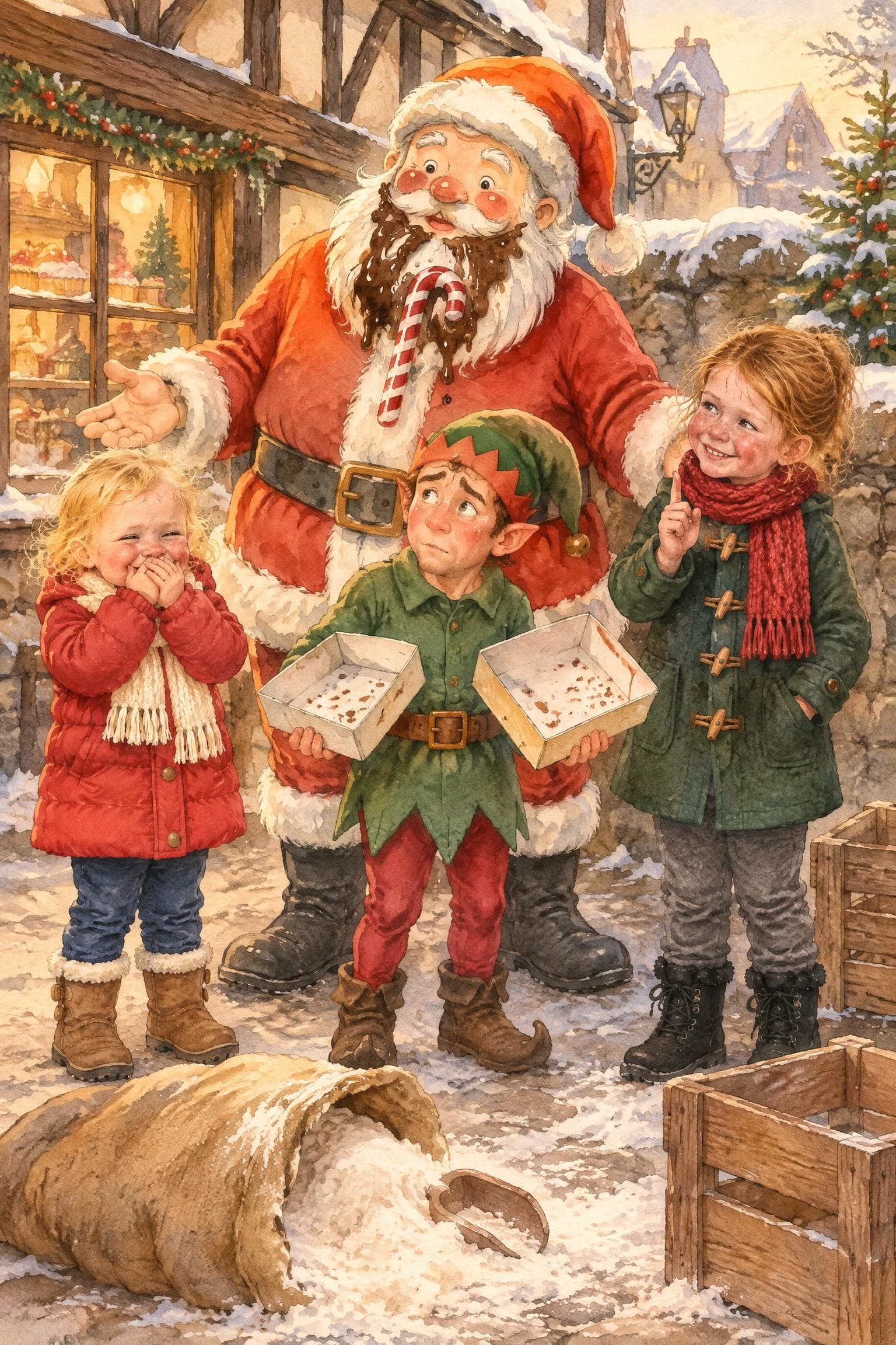 A painted storybook page: Santa with chocolate icing and a candy cane in his beard, an elf holding two empty cake boxes, and two girls in winter coats laughing in a snowy street