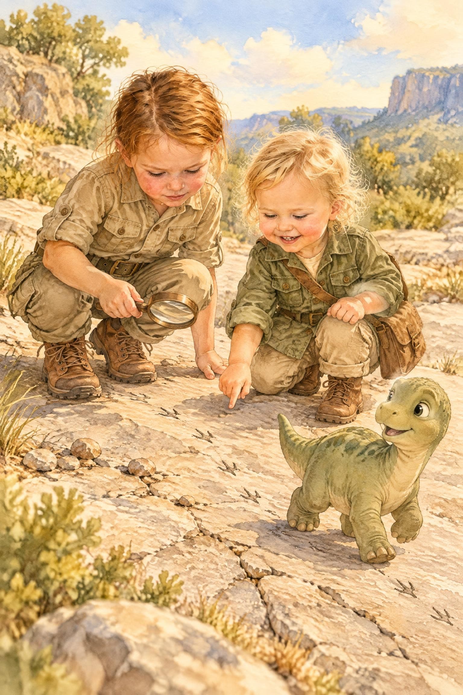 A painted storybook page: a girl crouching with a magnifying glass over tiny claw marks on a rock, her sister pointing, a baby dinosaur trotting ahead