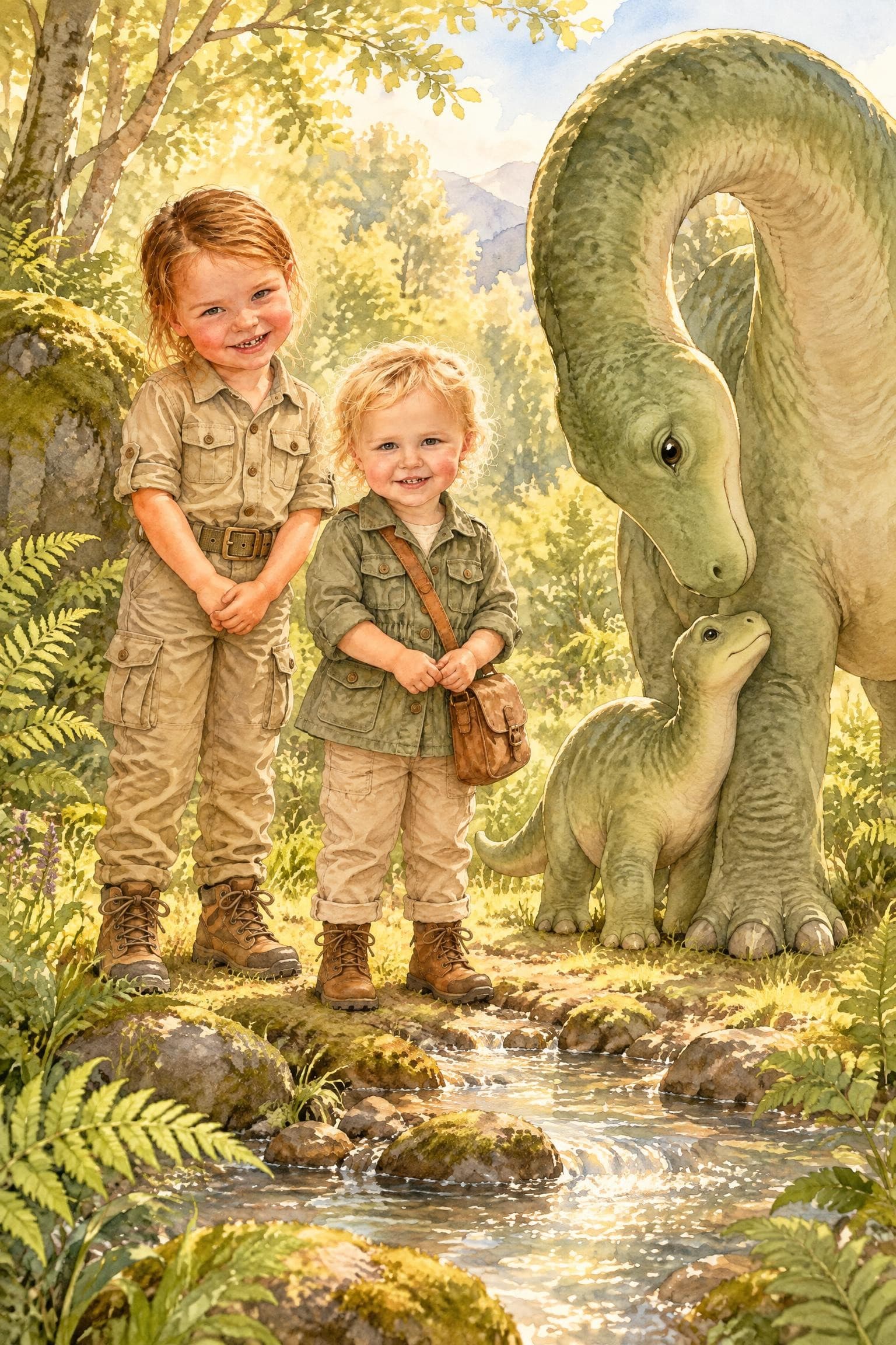 A painted storybook page: two girls standing by a stream, smiling, as a long-necked mother dinosaur bends down to her baby