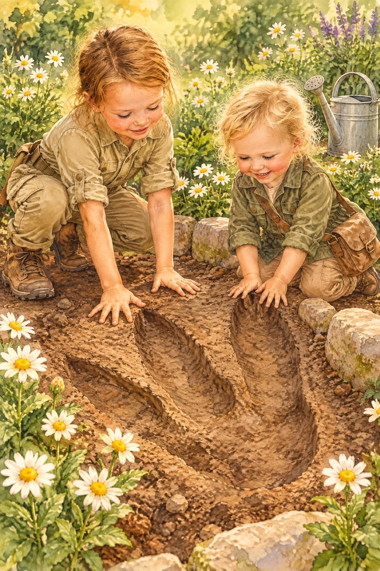 A painted storybook page: two girls crouching in a flower bed with their hands spread beside an enormous footprint in the soil