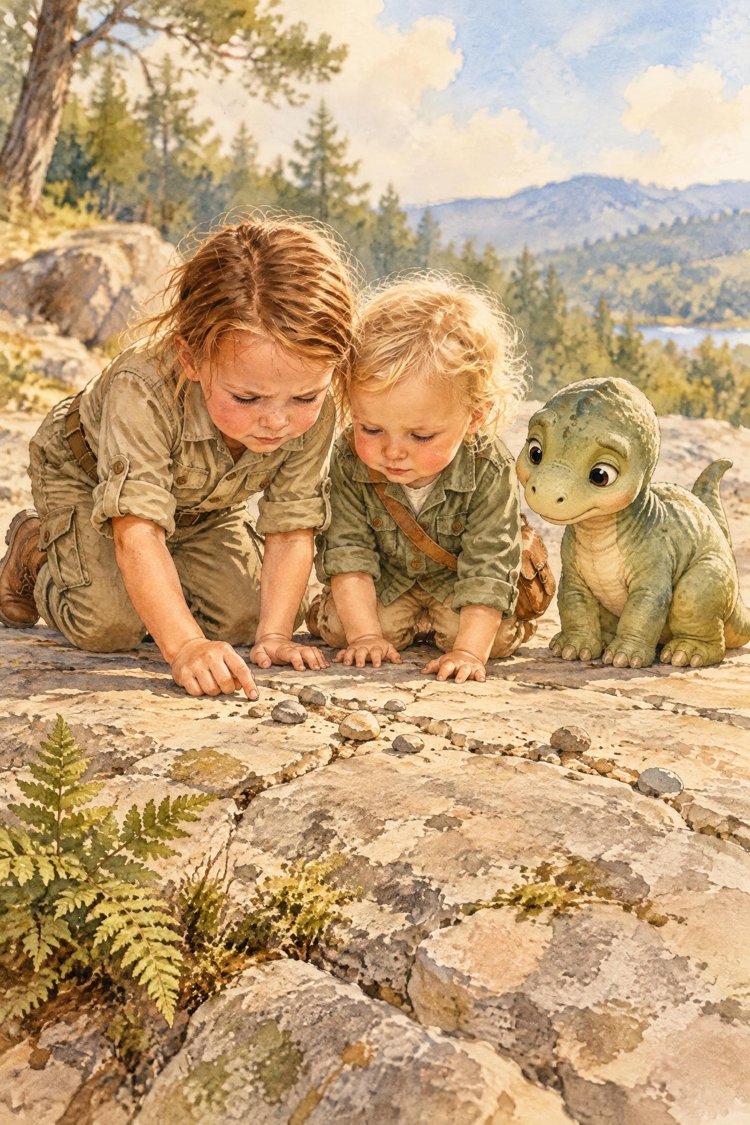 A painted storybook page: two girls on their hands and knees on a flat rock, peering at the stone, a baby dinosaur sitting beside them