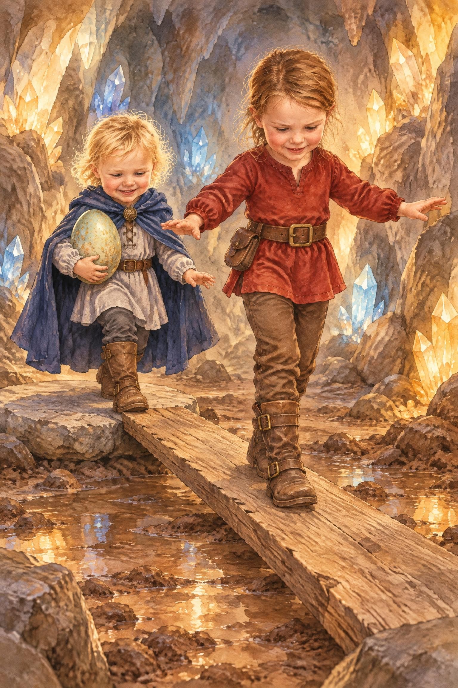 A painted storybook page: a girl walking carefully along a wooden plank laid across mud in a crystal cave, arms out, her little sister behind her holding a speckled egg