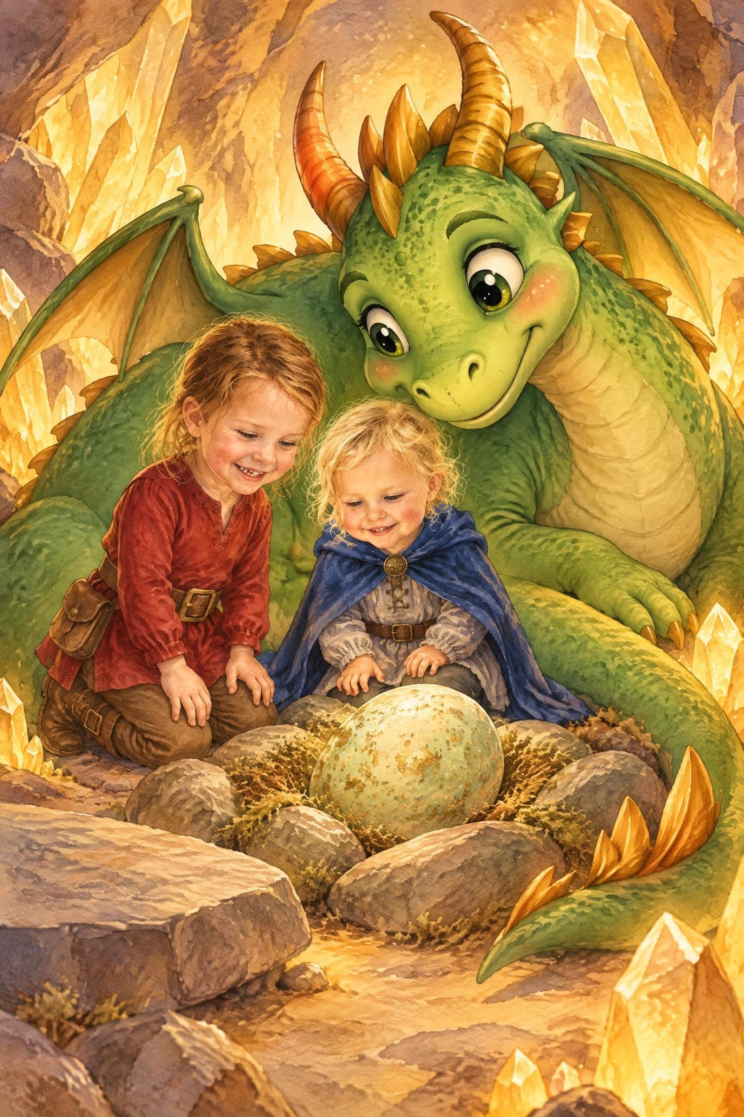 A painted storybook page: a smiling green dragon curled round a speckled egg in a nest of stones, two girls kneeling beside it