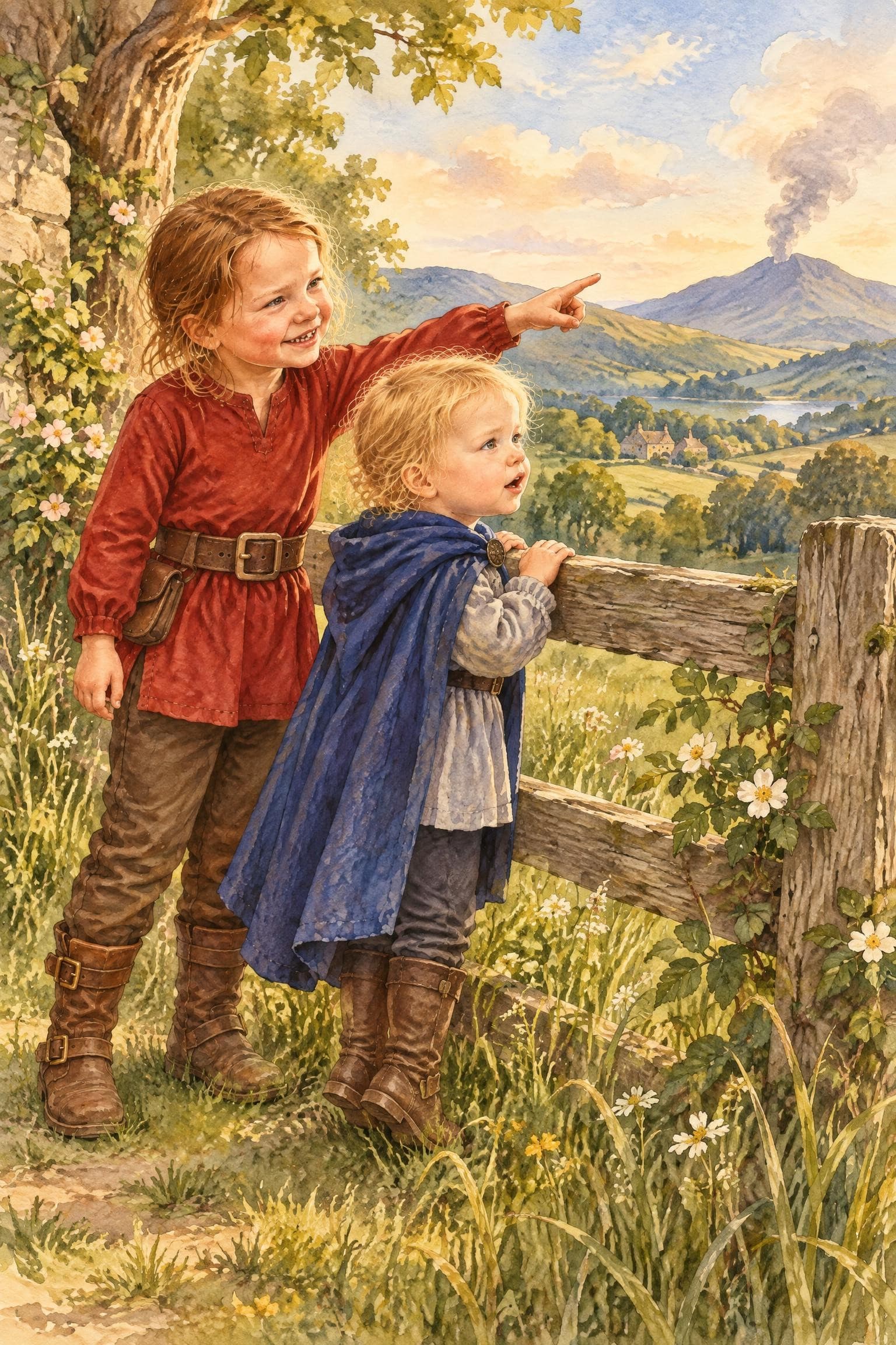 A painted storybook page: two girls at a garden fence, one pointing at a puff of smoke rising from a far-off mountain
