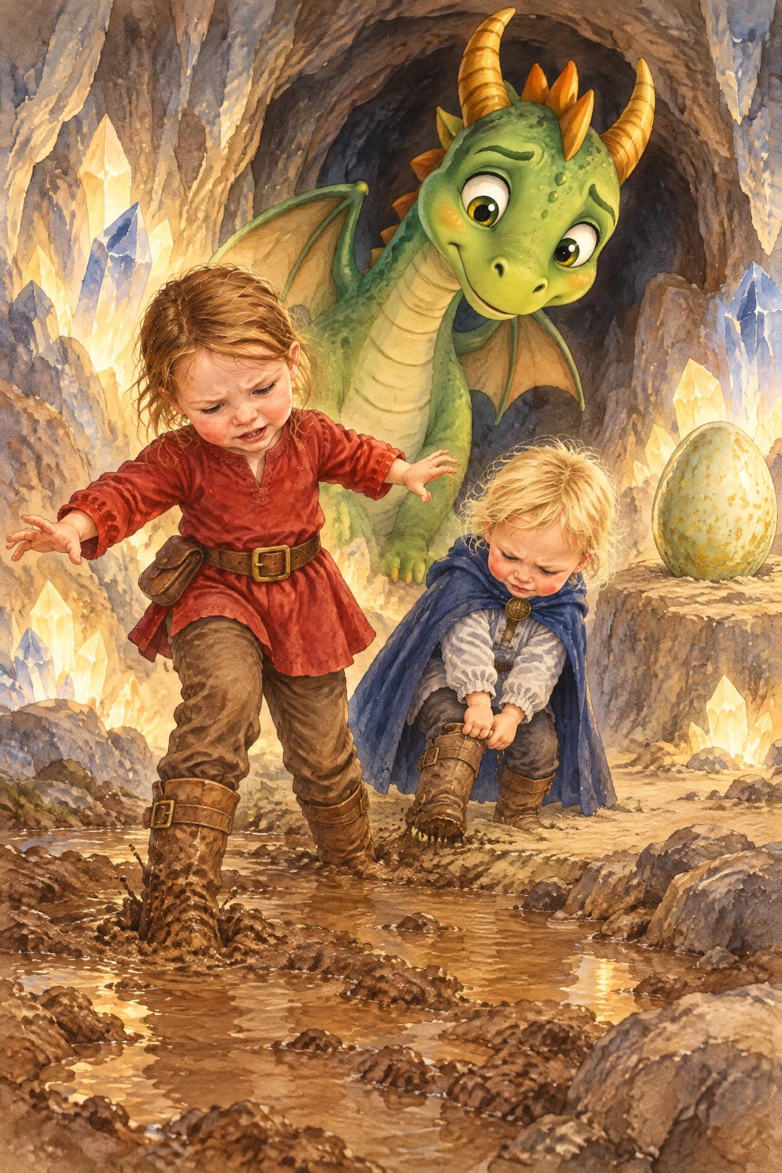 A painted storybook page: a girl wobbling with one boot stuck in mud in a crystal cave, her sister tugging at her own boot, a green dragon peering in behind