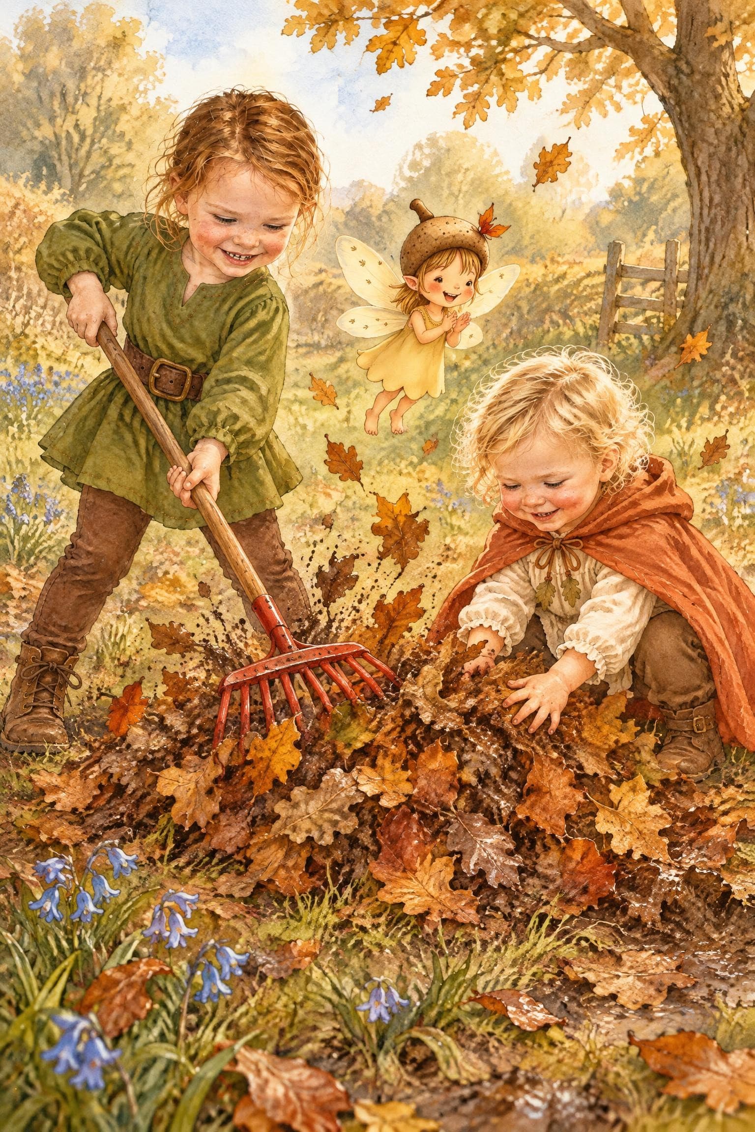 A painted storybook page: a girl raking a heap of leaves in a meadow while her sister pushes leaves aside, a fairy watching