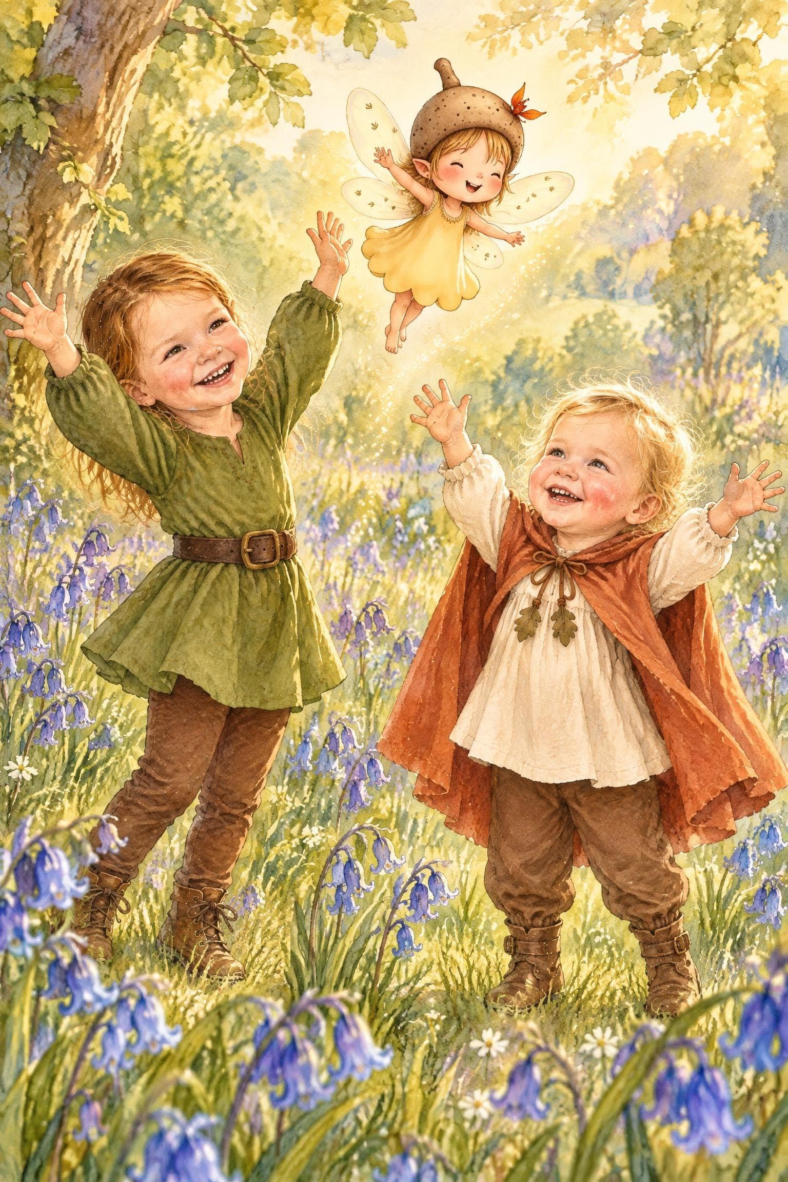 A painted storybook page: two girls with their arms up in a meadow of bluebells, a fairy twirling above them