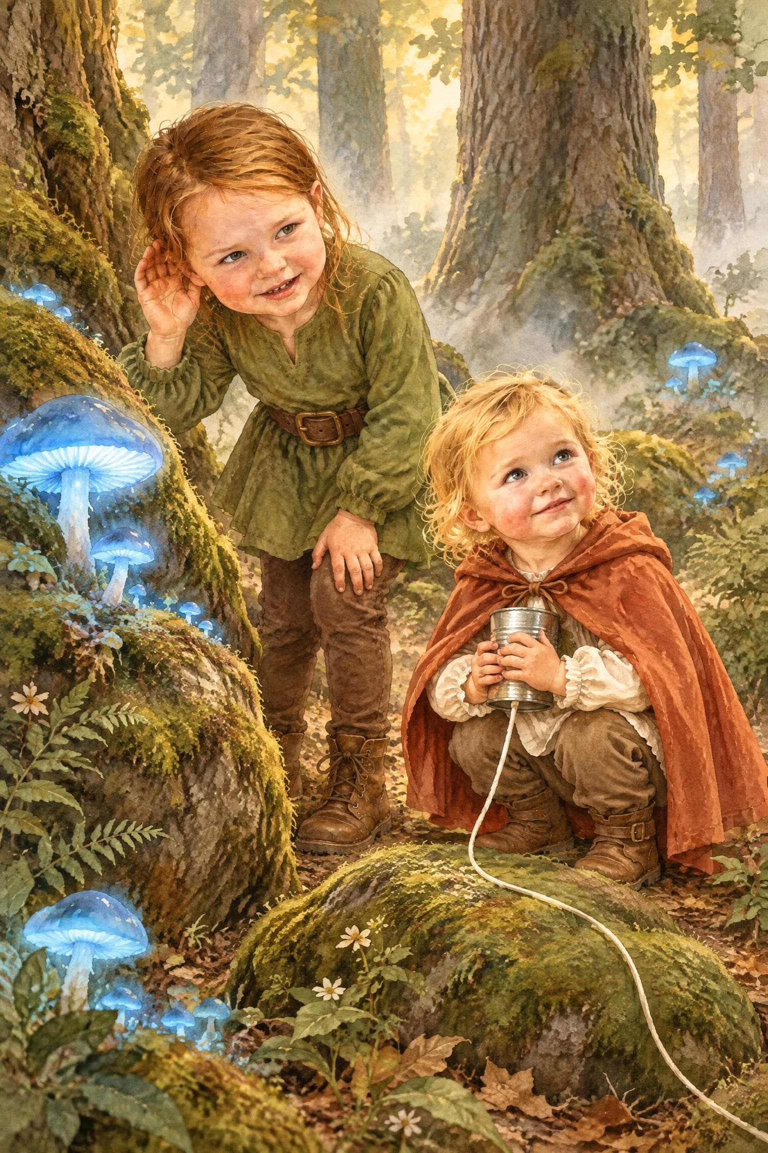A painted storybook page: two girls in an old forest lit by glowing blue mushrooms, one listening, the other holding a tin-can telephone
