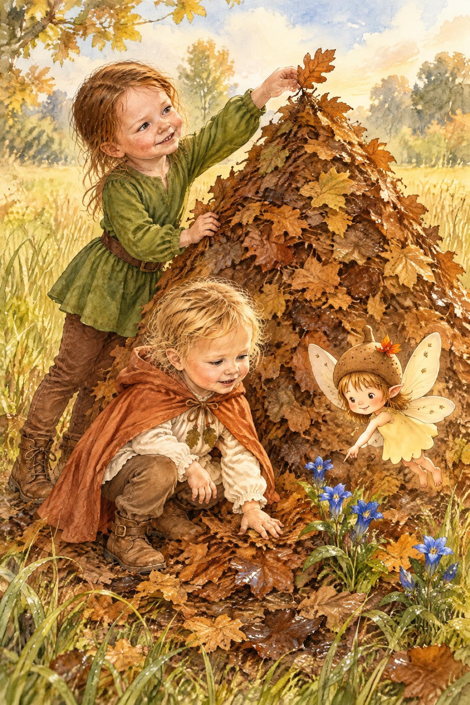 A painted storybook page: two girls at a huge heap of autumn leaves in a meadow, a little fairy touching a bluebell at its foot