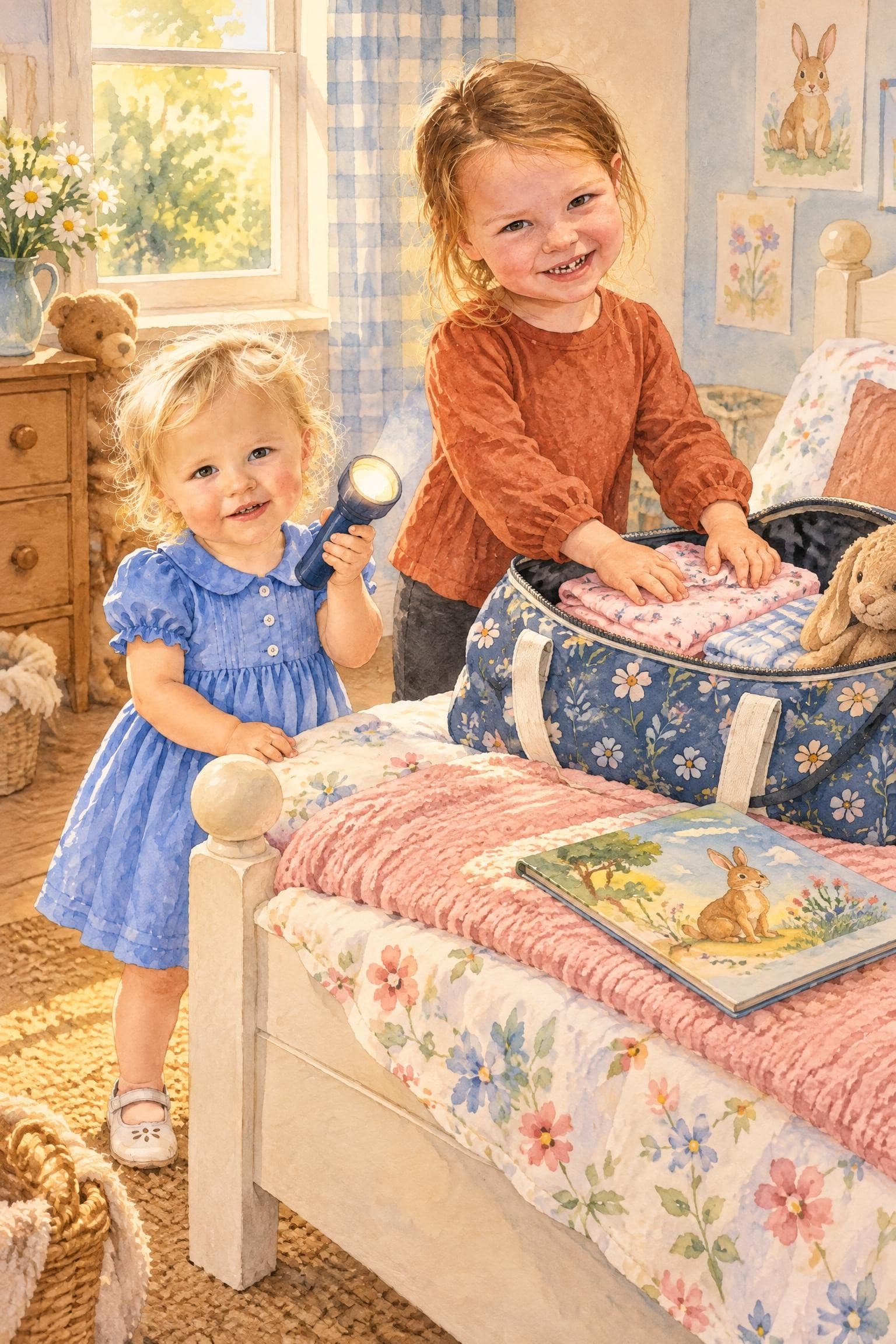 A painted storybook page: two girls packing an overnight bag on a bed, one holding a torch