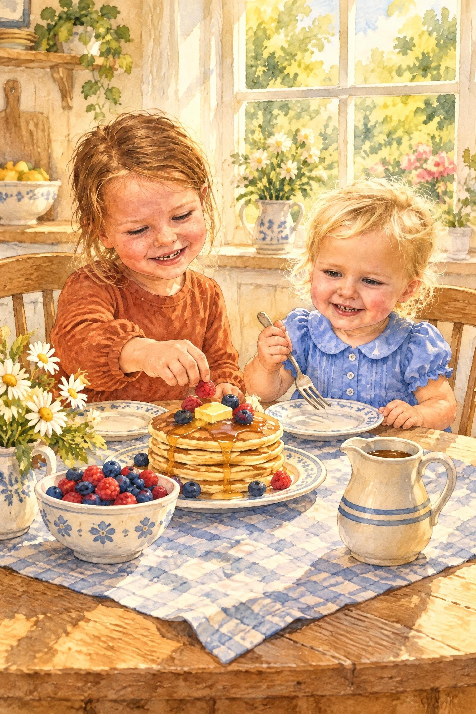 A painted storybook page: two girls at a sunny breakfast table with a stack of pancakes and berries