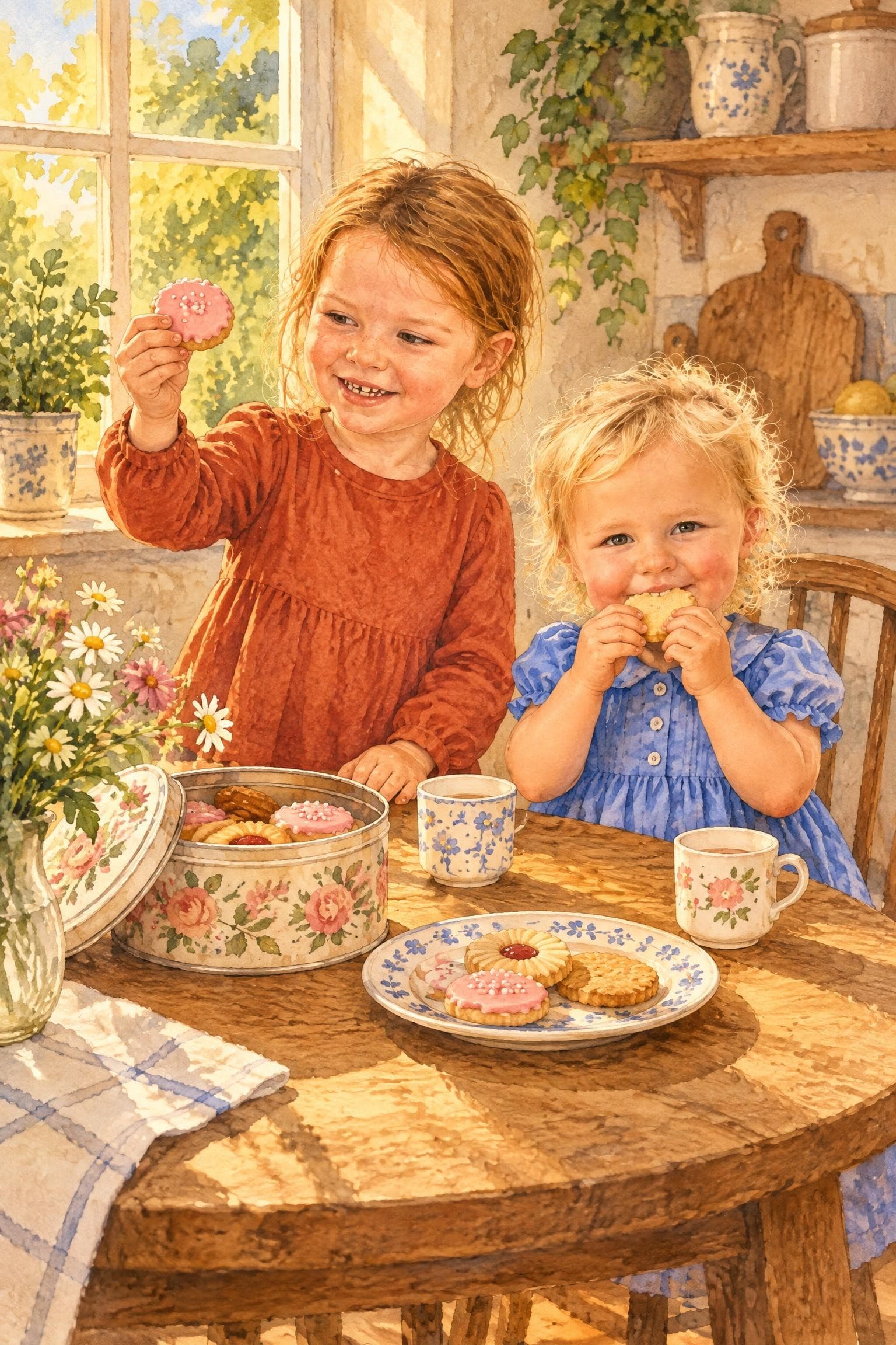 A painted storybook page: two girls at a kitchen table eating biscuits with pink icing from a tin