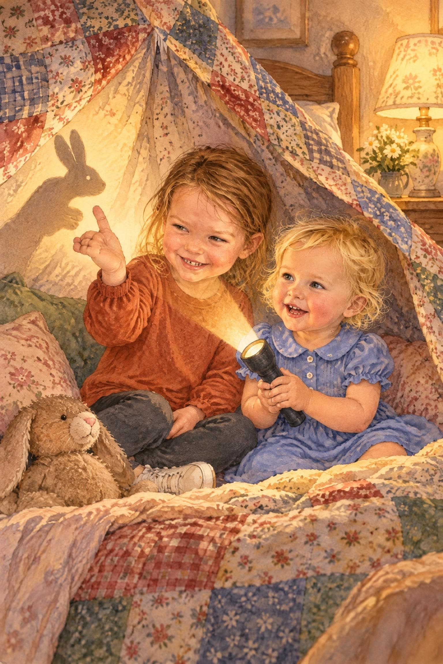 A painted storybook page: two girls under a blanket tent making a rabbit shadow with a torch