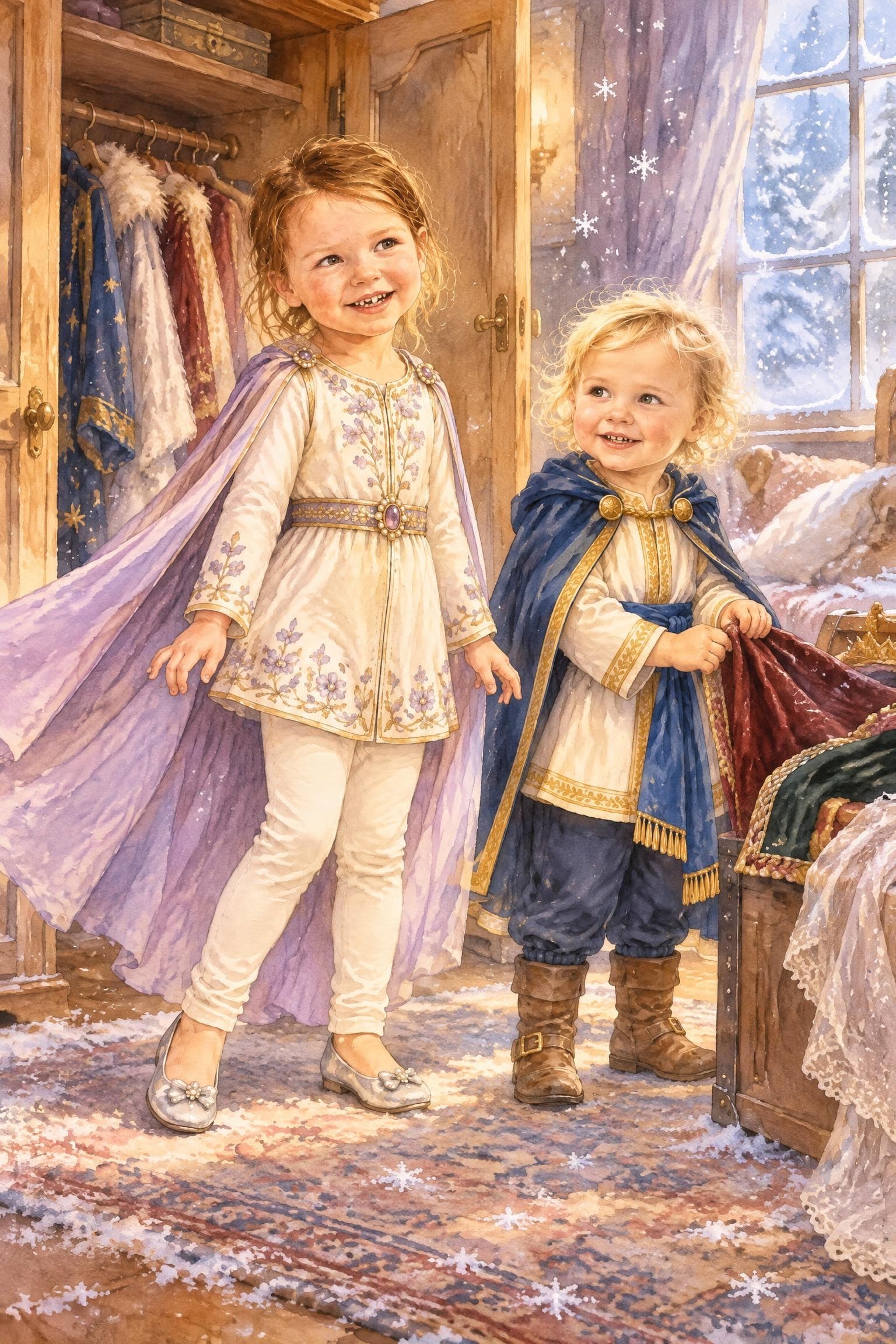 A painted storybook page: two girls in long cloaks and crowns smiling in front of an open wardrobe, snow at the window