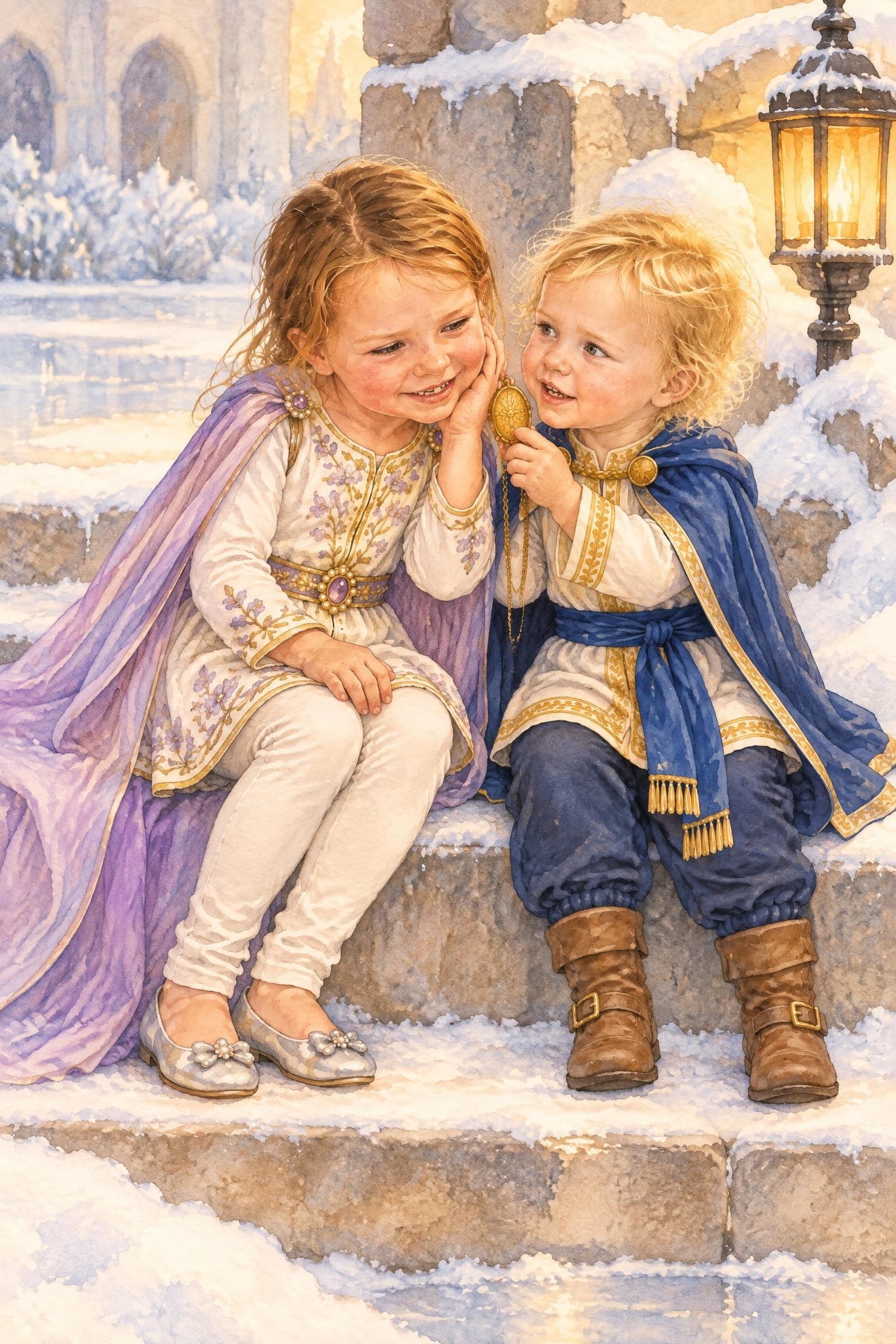 A painted storybook page: two girls sitting close together on a snowy step, one whispering into the other's ear